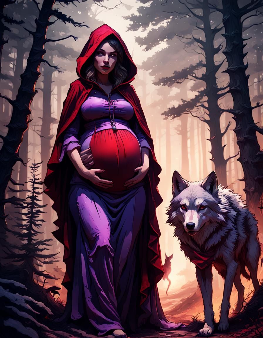 Red Riding Hood and Wolf in Dark Forest