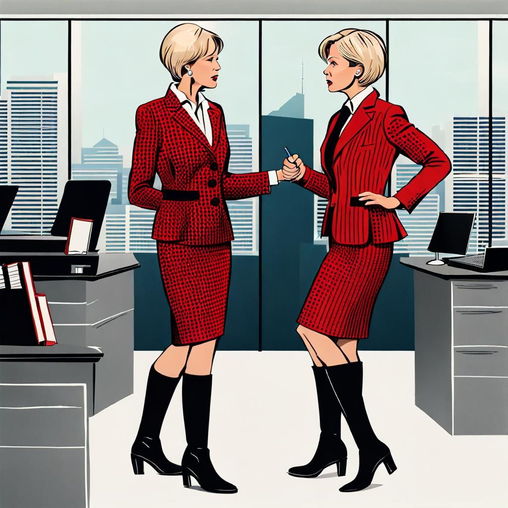 Businesswomen Arguing in Posh Office Line Drawing