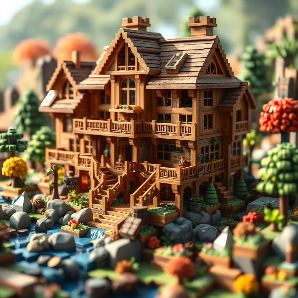 Detailed Minecraft Wooden House in Blocky Landscape