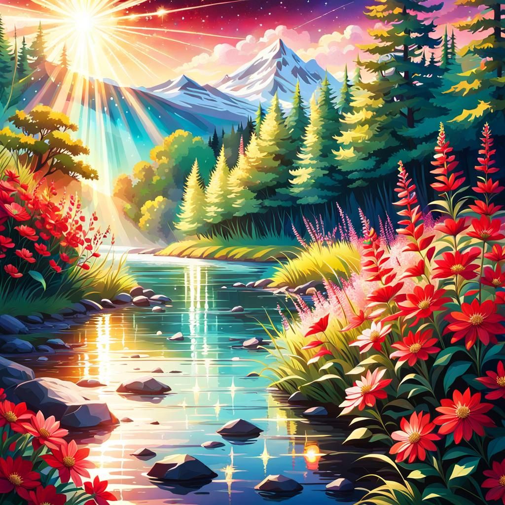 Radiant Red Flowers by River in Golden Hour