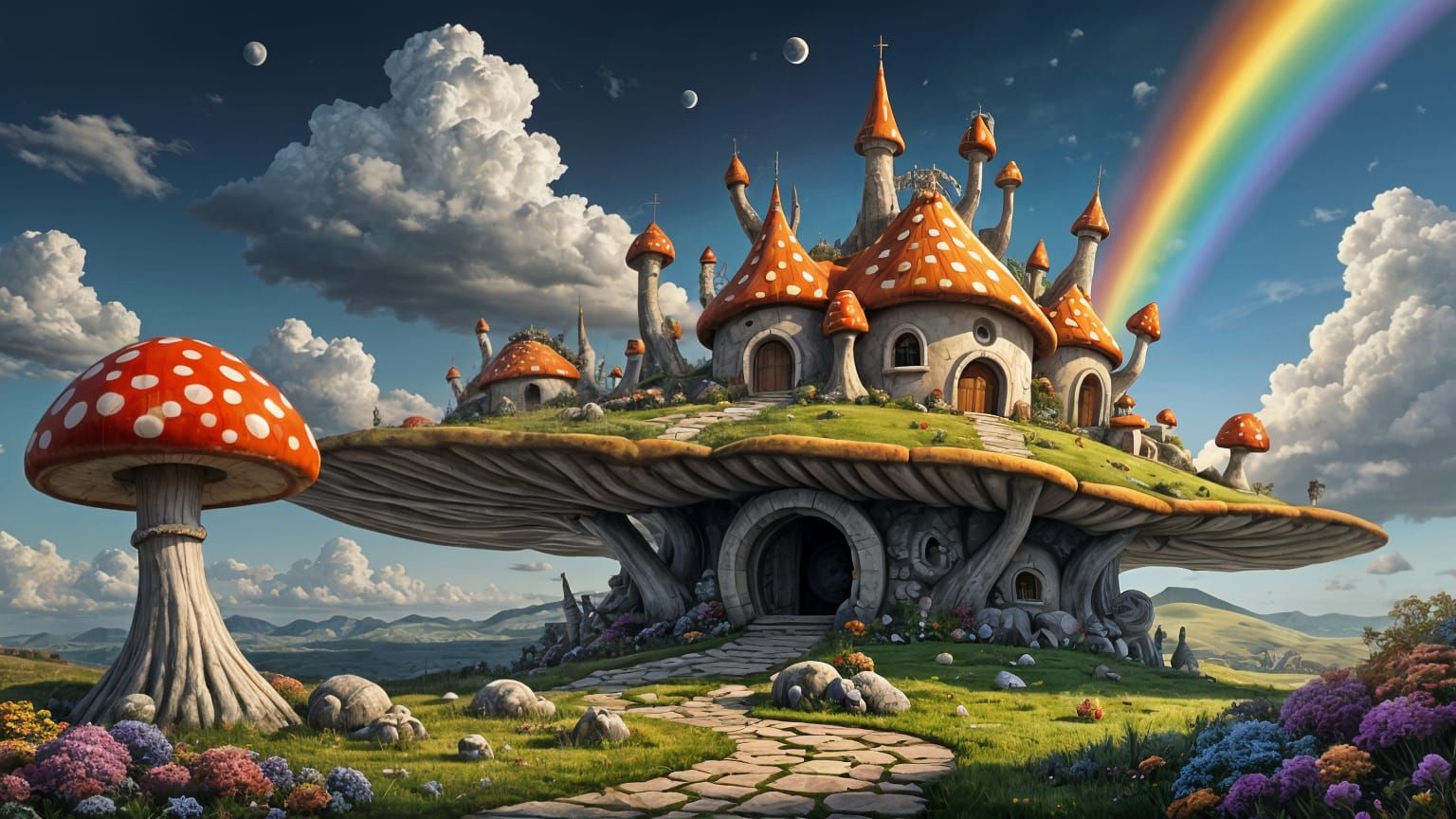 Vibrant Surreal Dali Landscapes with Mushroom Hobbit Houses....