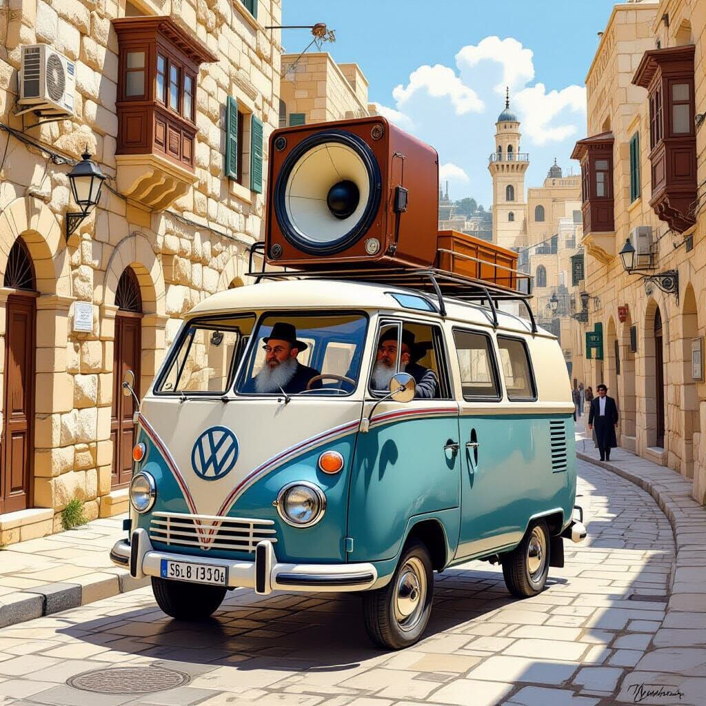 Vintage Funeral Announcement Van in Jerusalem Street