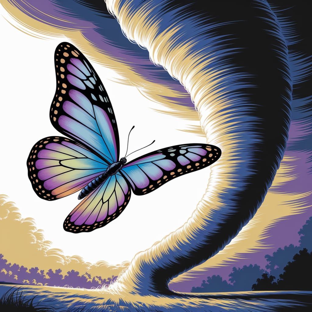 Colorful Butterfly and Looming Tornado in Manga Style