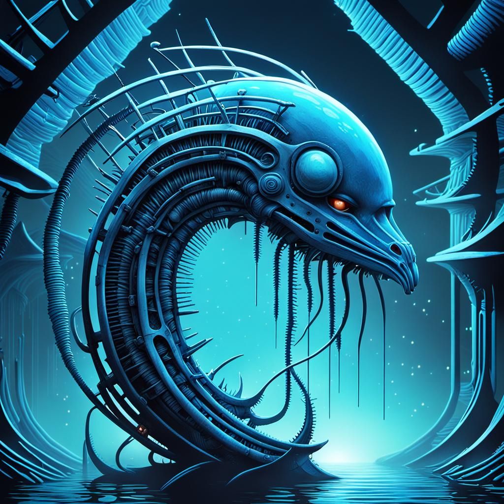 Biomechanical Creature in Dystopian Cityscape