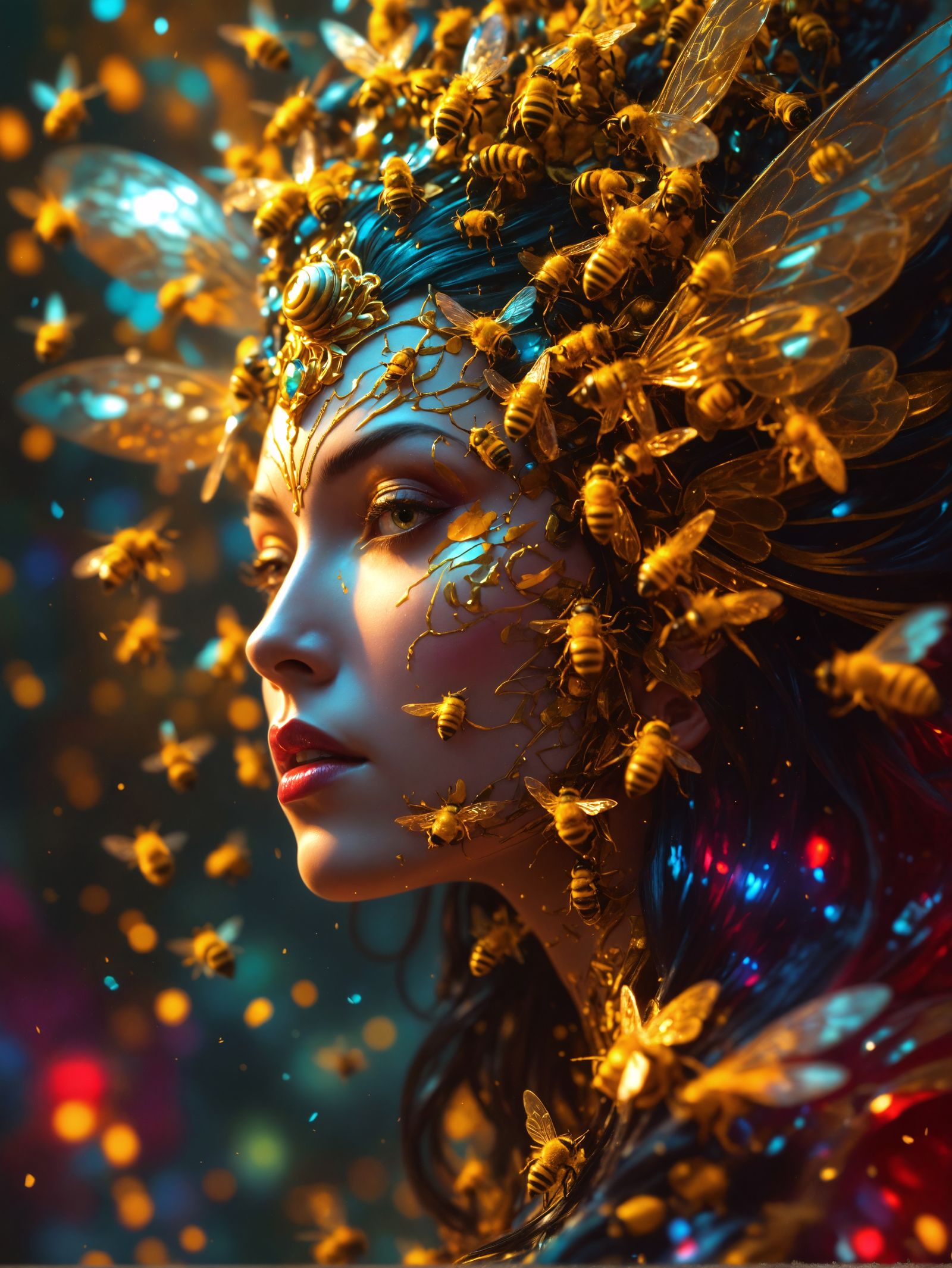 Hyperrealistic Bee Goddess Portrait in Dramatic Lighting