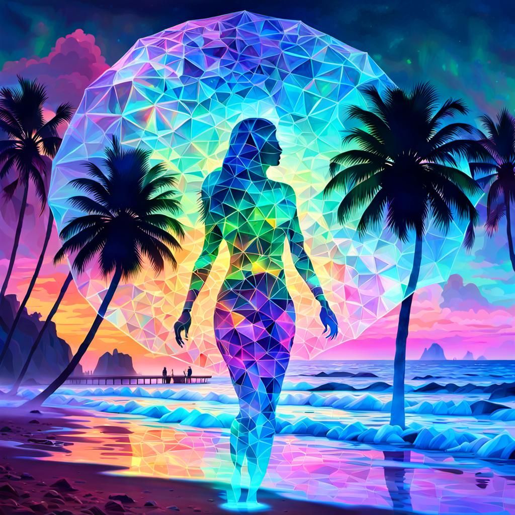 Holographic Ghost Beach with Wireframe Trees