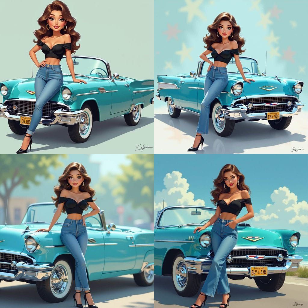 Whimsical Woman with 1957 Chevy in Pixar Style