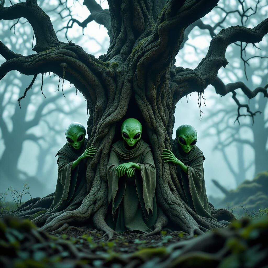 Green Aliens Hide in Spooky Ancient Oak Tree