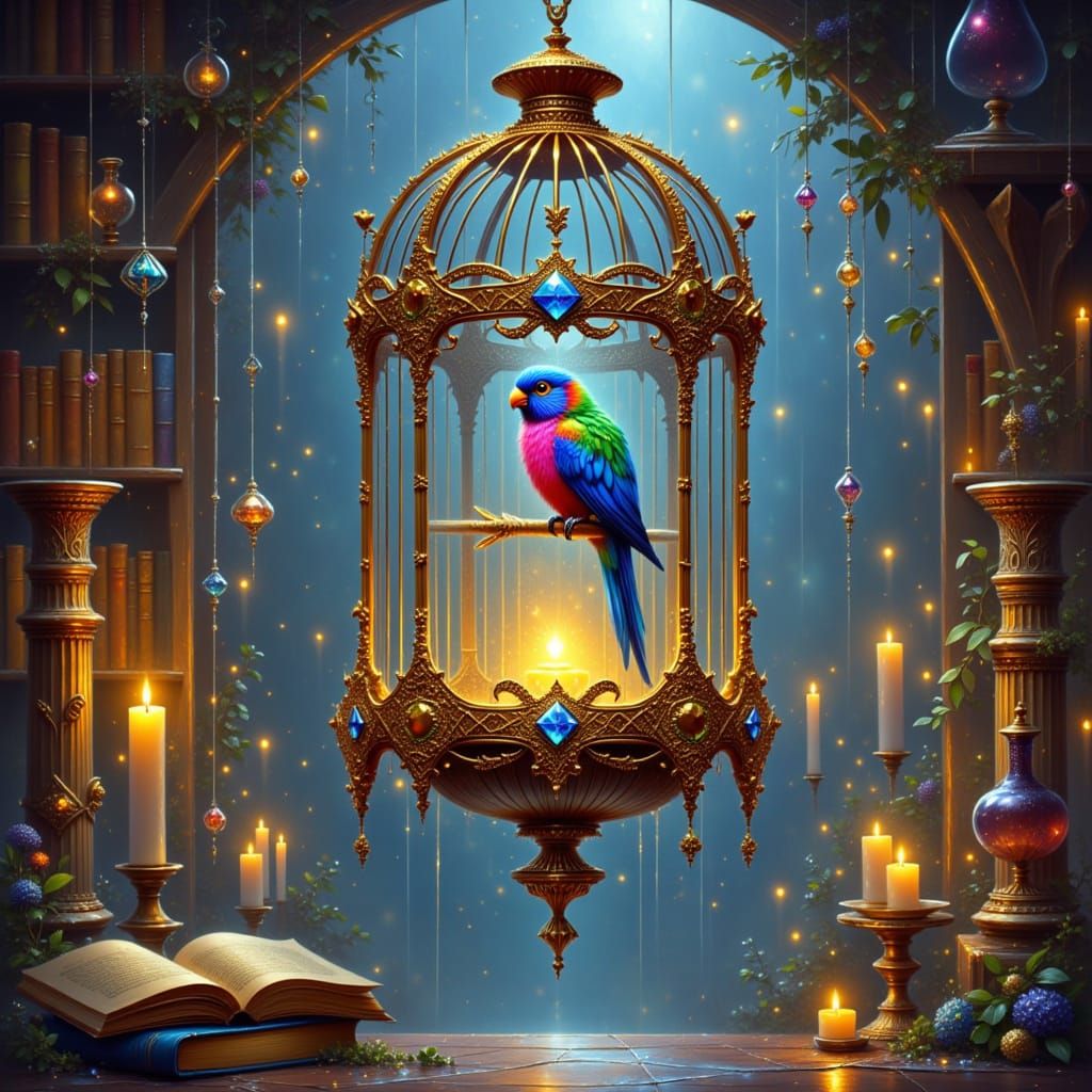 Ornate Birdcage with Exotic Bird in Fantasy Room