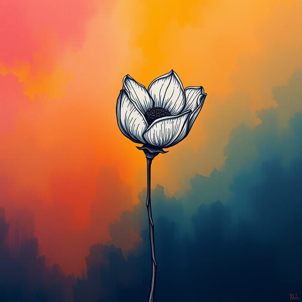 Ink-Drawn Flower in Mystical Landscape Style