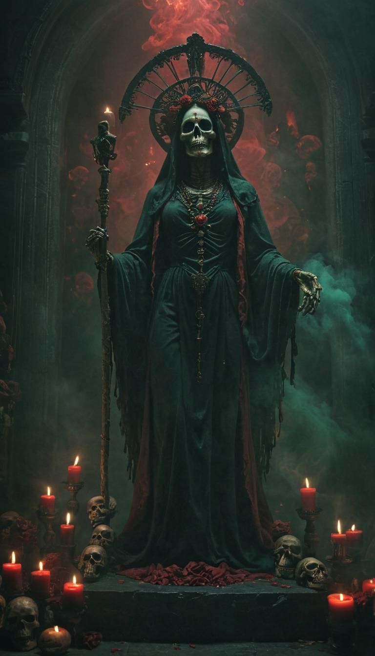 Eerie Santa Muerte Altar in Dark Fantasy Style