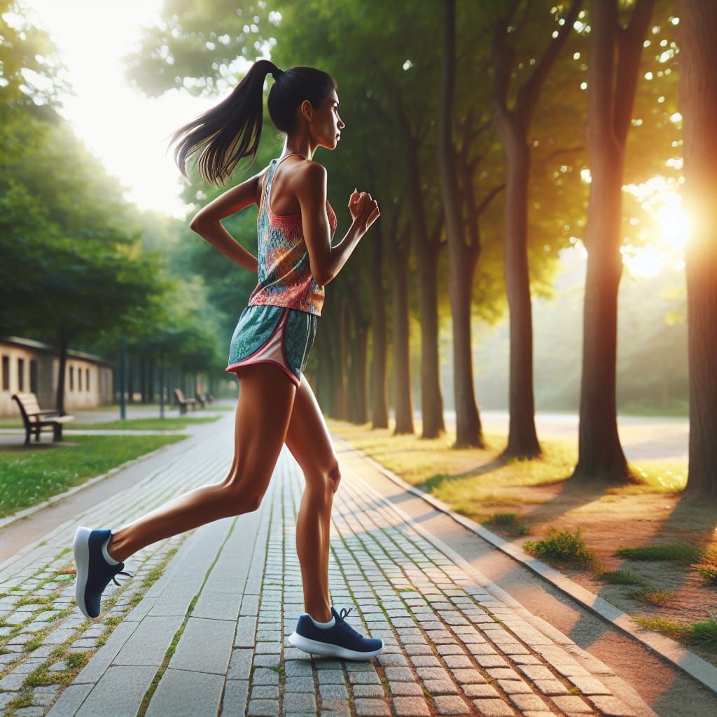Woman Jogging in Park at Sunrise