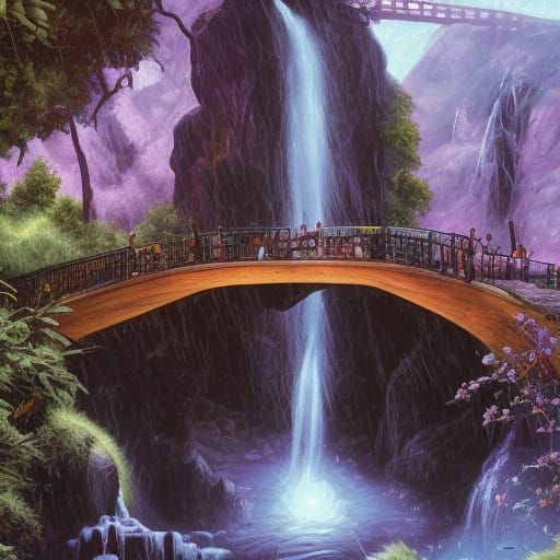 Treehouse Bridge Waterfall Scene in Comic Book Style