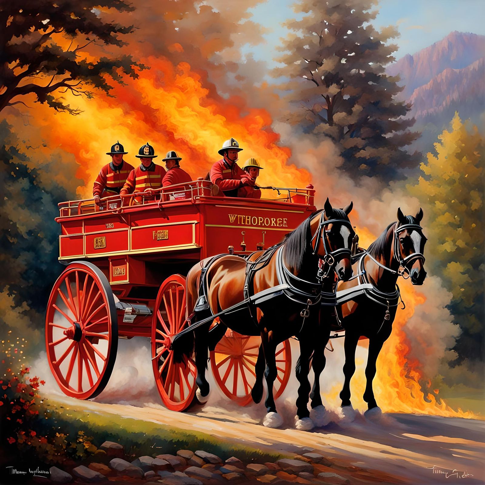 Vintage Horse-Drawn Fire Pumper Wagon in Watercolor Style