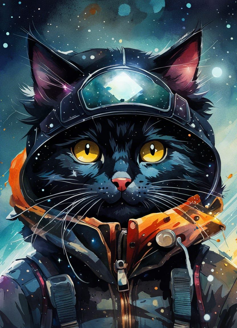 Anime Cat Mountaineer in Space, Watercolor Style