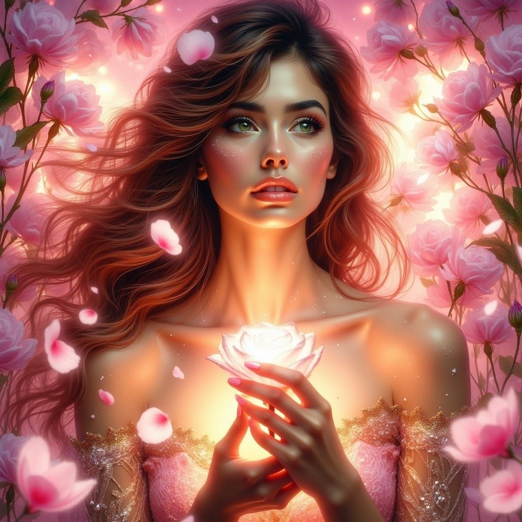 Radiant Woman with Emerald Eyes in Ethereal Light