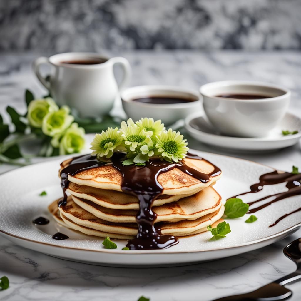 pancakes with chocolate sauce and green flowers across the plate