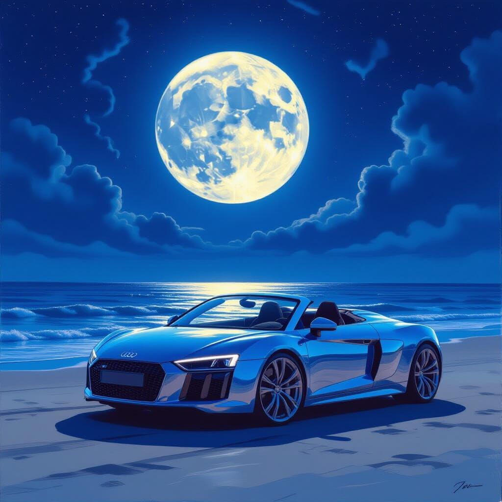 Chrome Audi R8 on Moonlit Beach in Surreal Cosmic Style