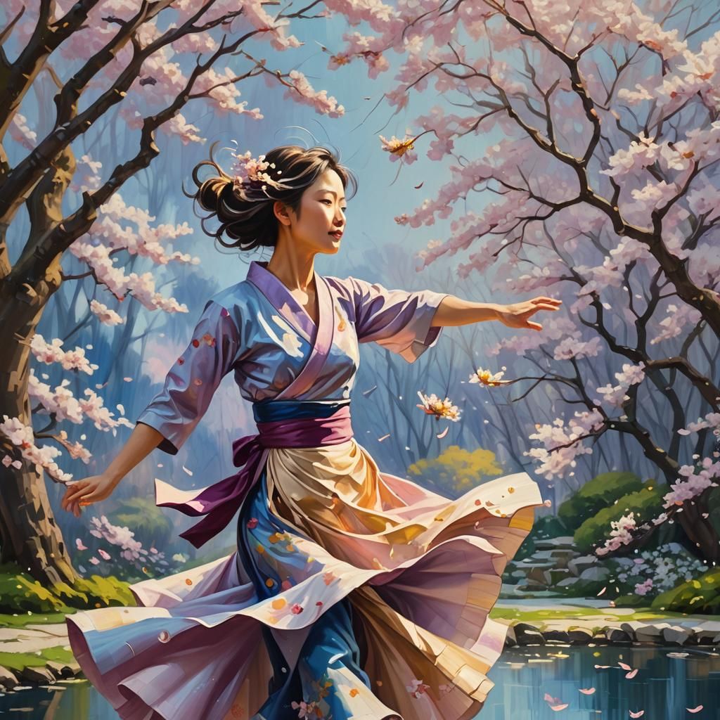 Whimsical Dance Among Cherry Blossoms in Oil