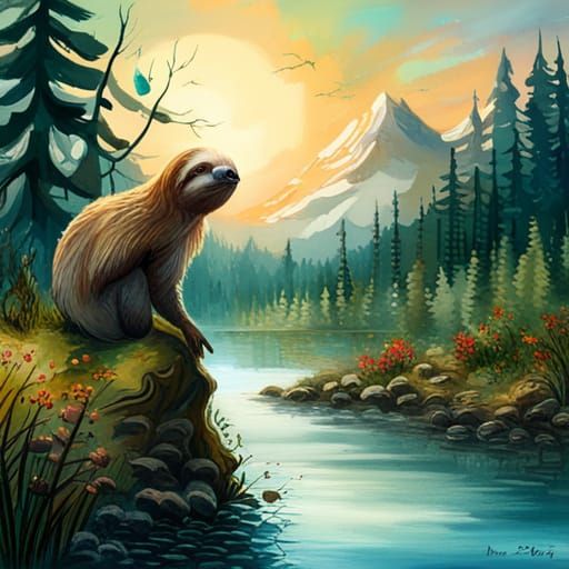 Sloth Fishing at Dreamy Lakeside: Fantasy Illustration