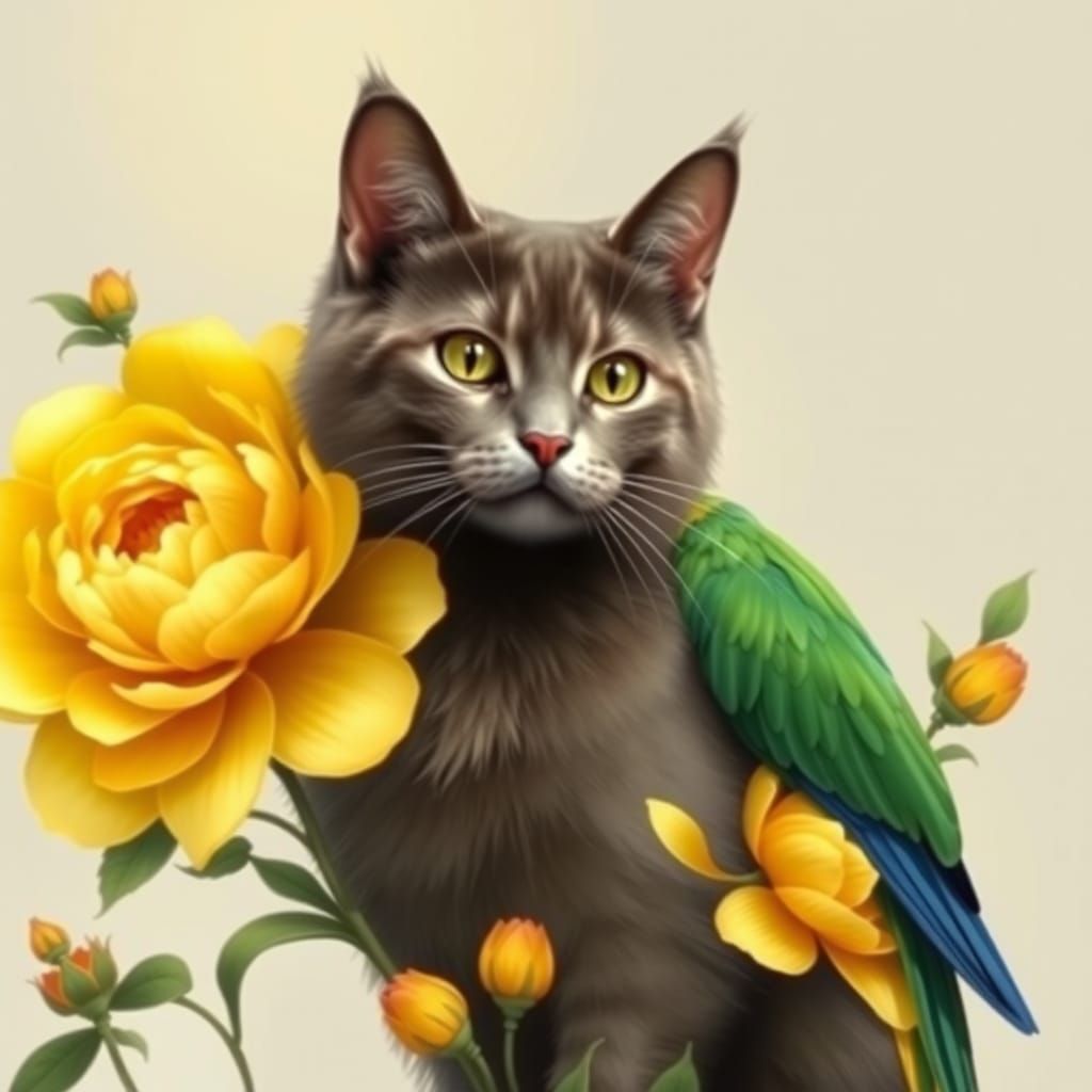 Cat Parrot with Peonies Digital Art