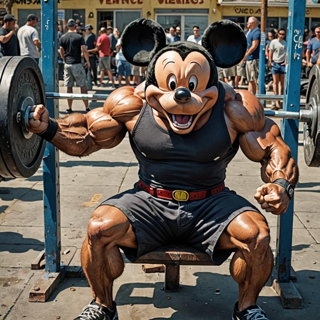 Hyperrealistic Mickey Mouse Bench Press at Venice Beach