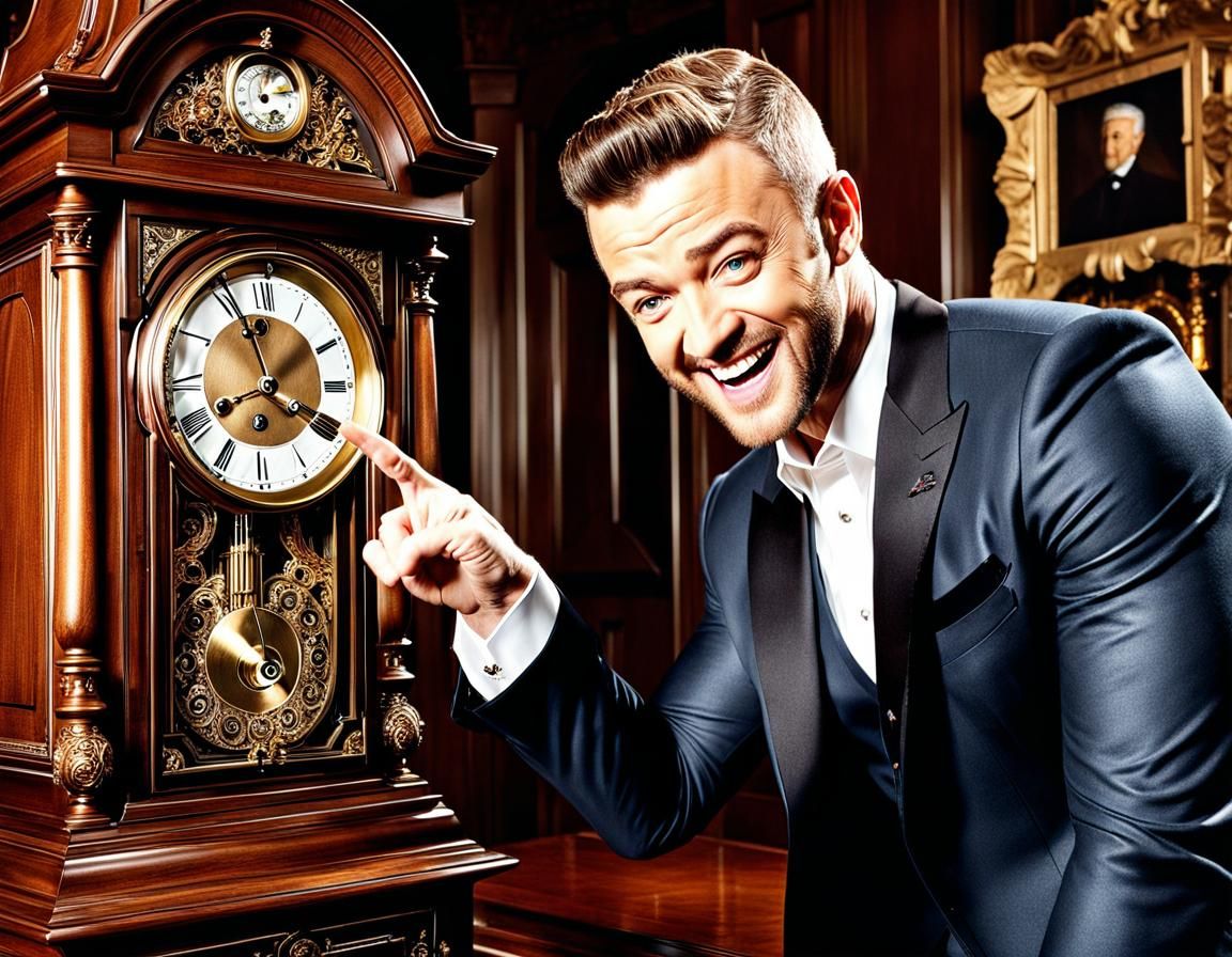 Justin Timberlake Admiring Ornate Grandfather Clock