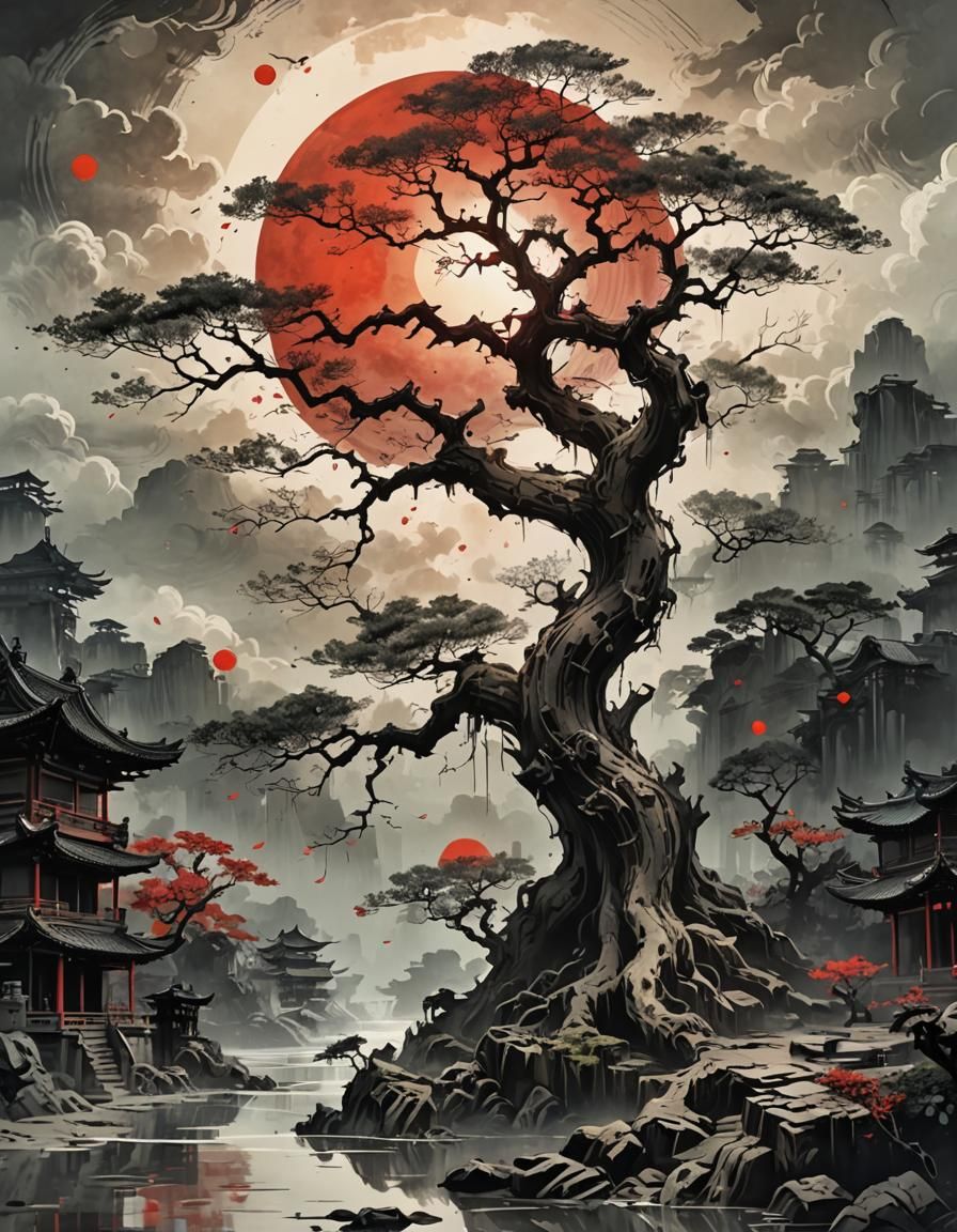 Muted Ink Painting of Old Tree in Chinese Style