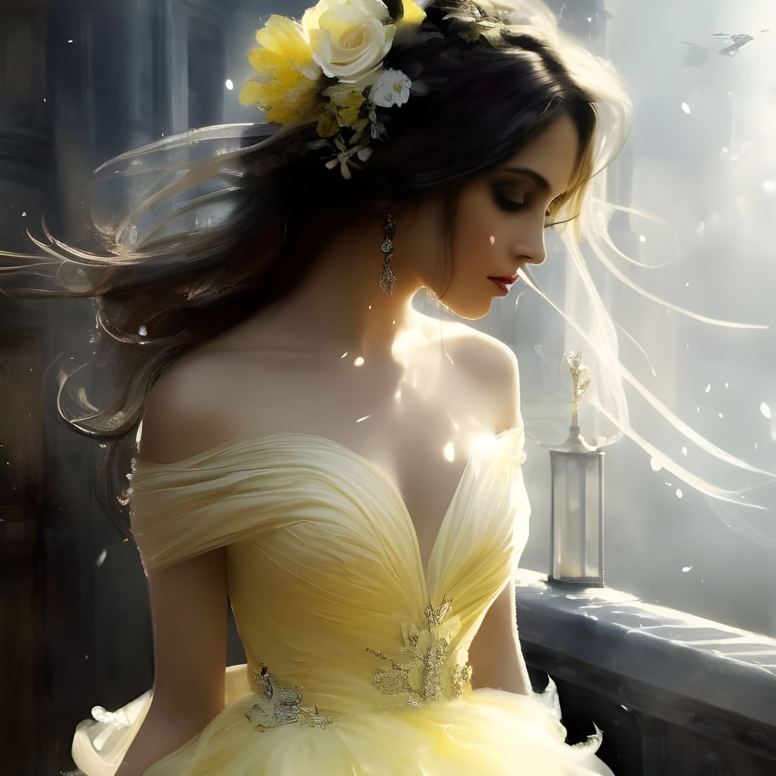 Bride in Yellow Dress Watercolor Fantasy Art