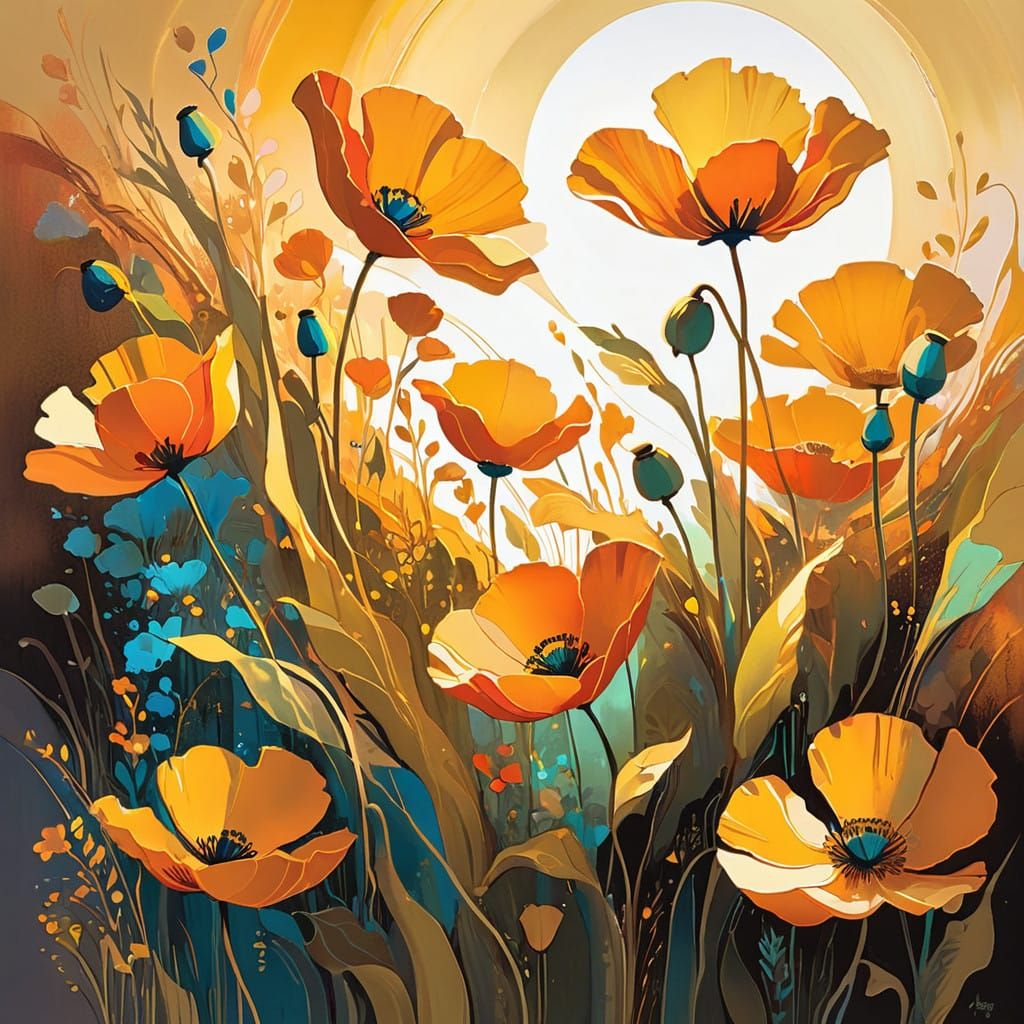 Golden Poppies in Chiaroscuro Style