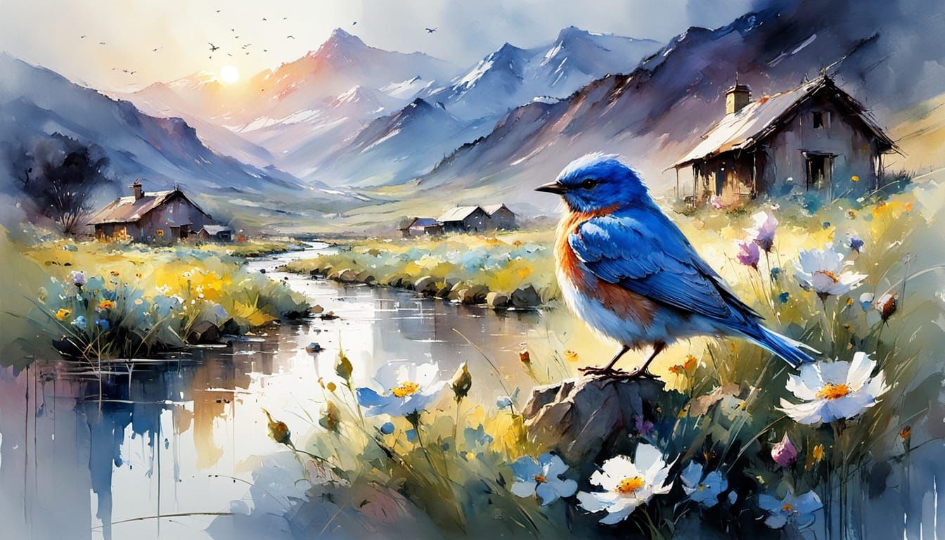 Bluebird in Springtime Watercolor Masterpiece