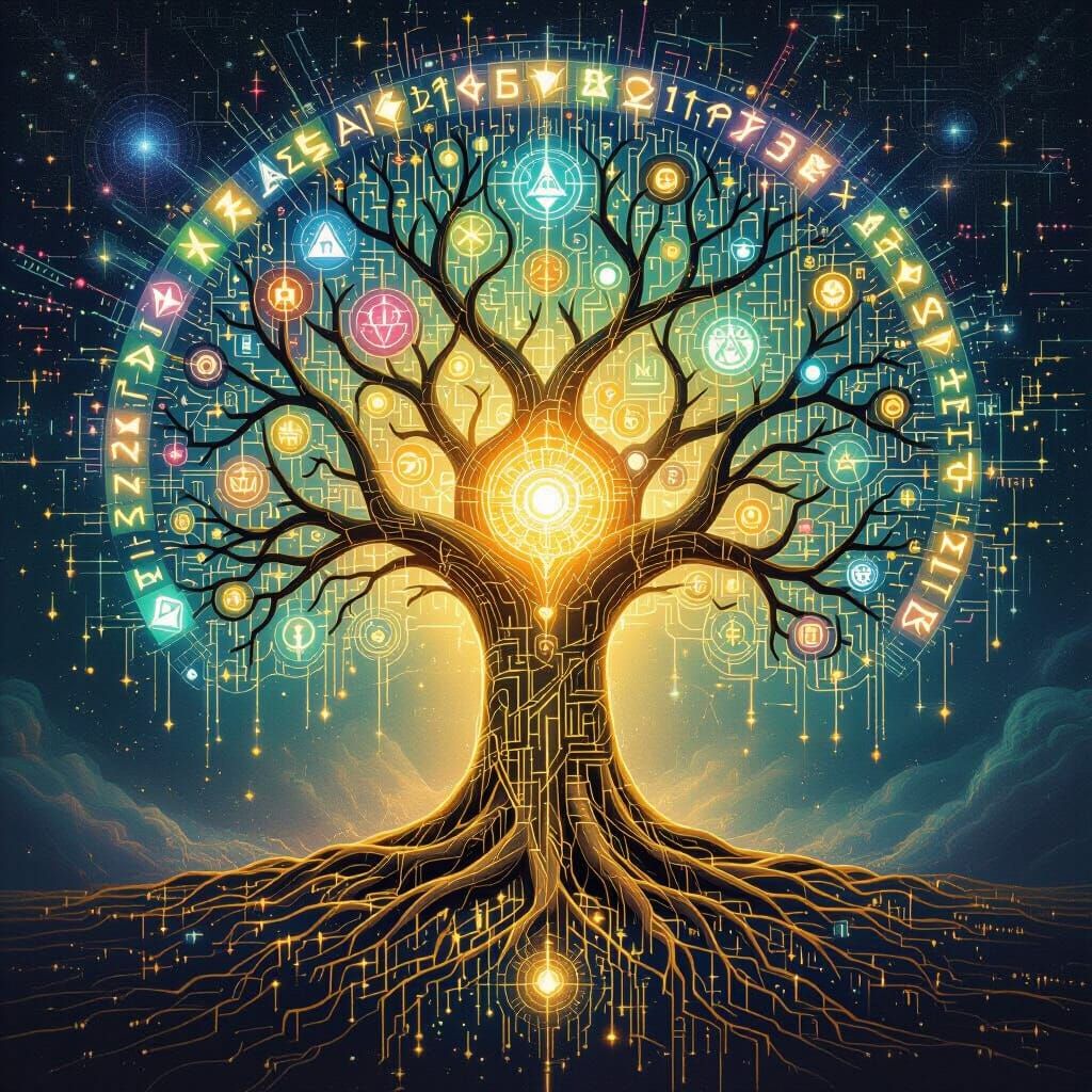 Cosmic Tree of Glowing Runes and Circuits