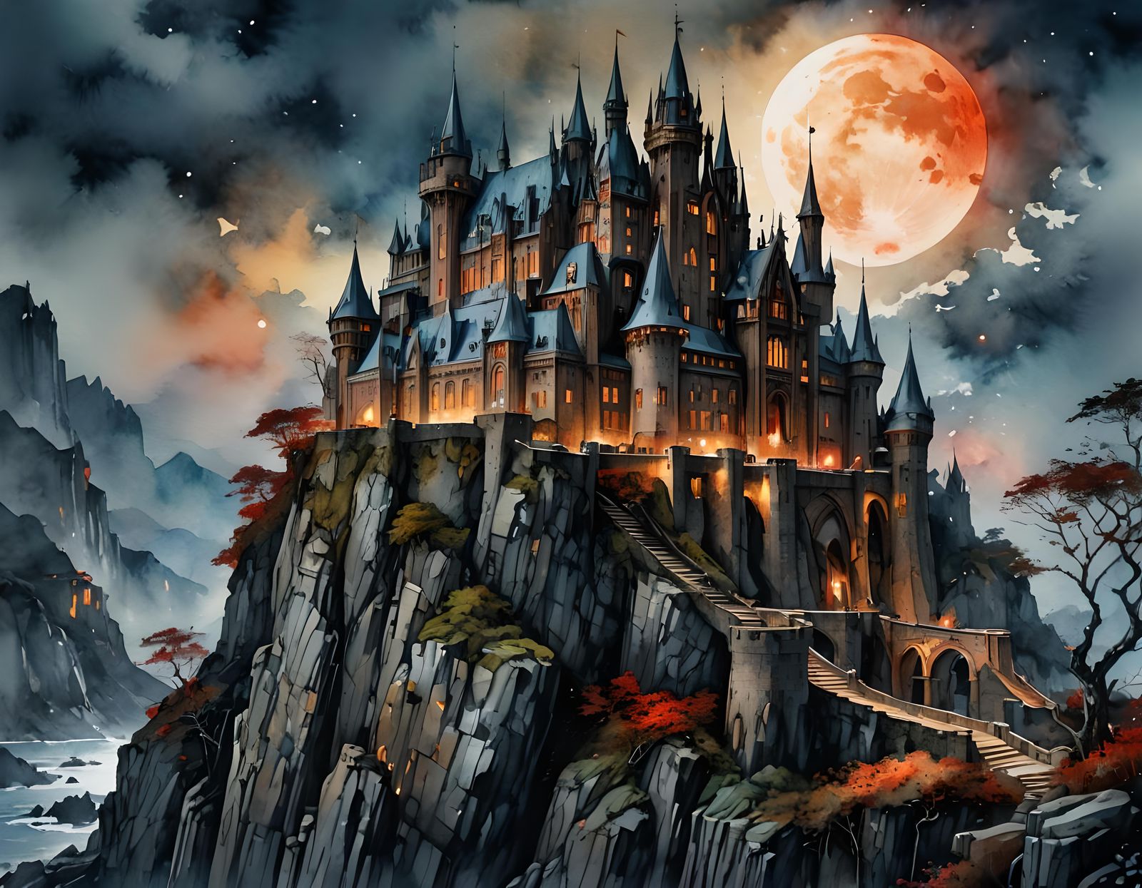 Majestic Castle Under Blood Moon in Watercolor Style