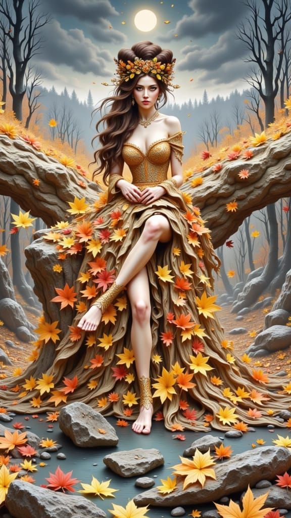 Autumn Goddess Amidst Rocks in Hyperrealism Style