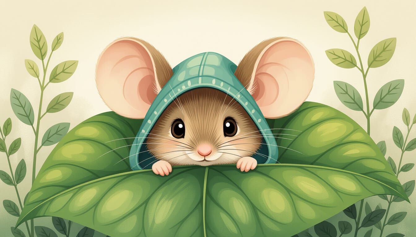 Shy Mouse with Oversized Ears Under Giant Leaf
