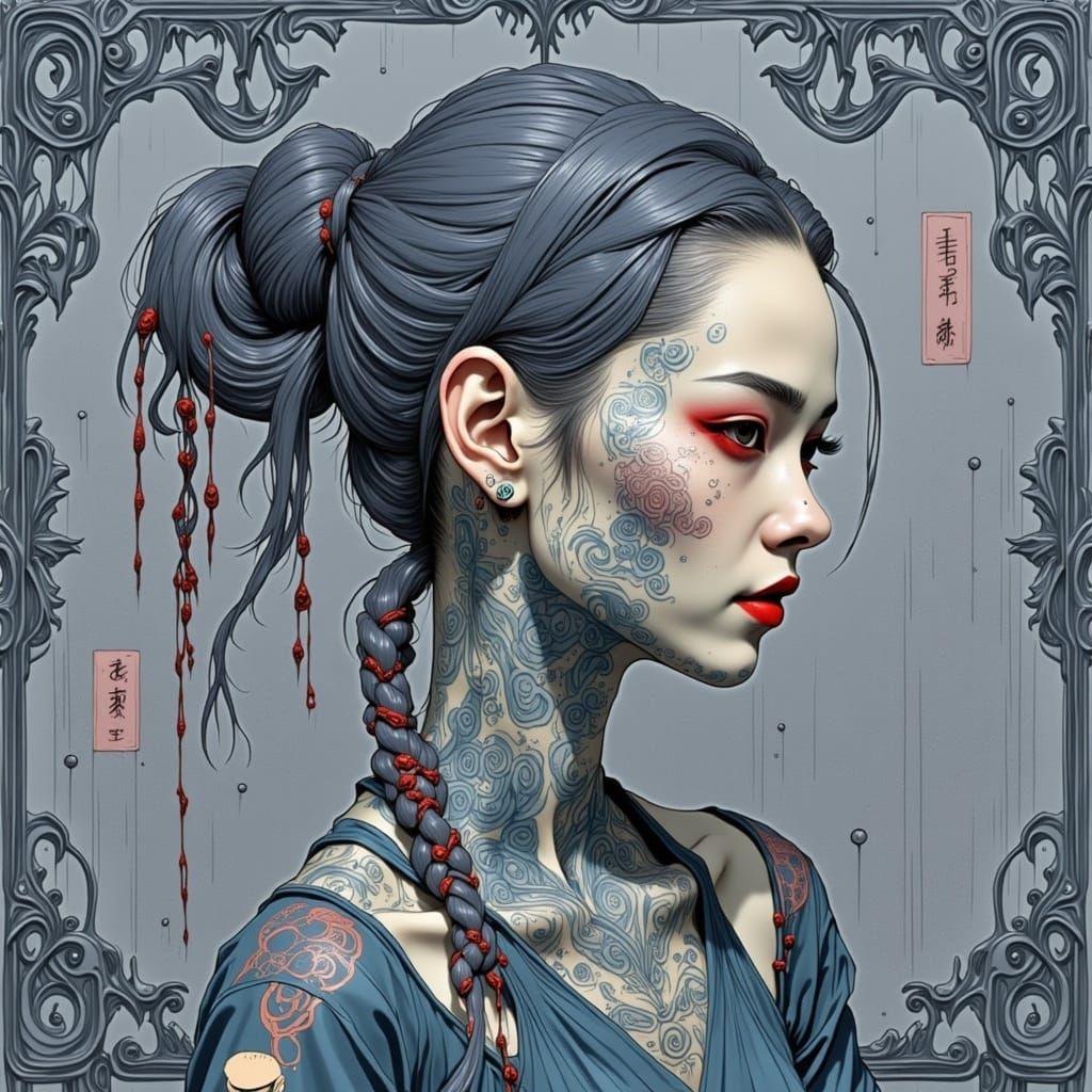 Smiling Cyborg Woman with Culinary Tattoos in Cyberpunk Styl...