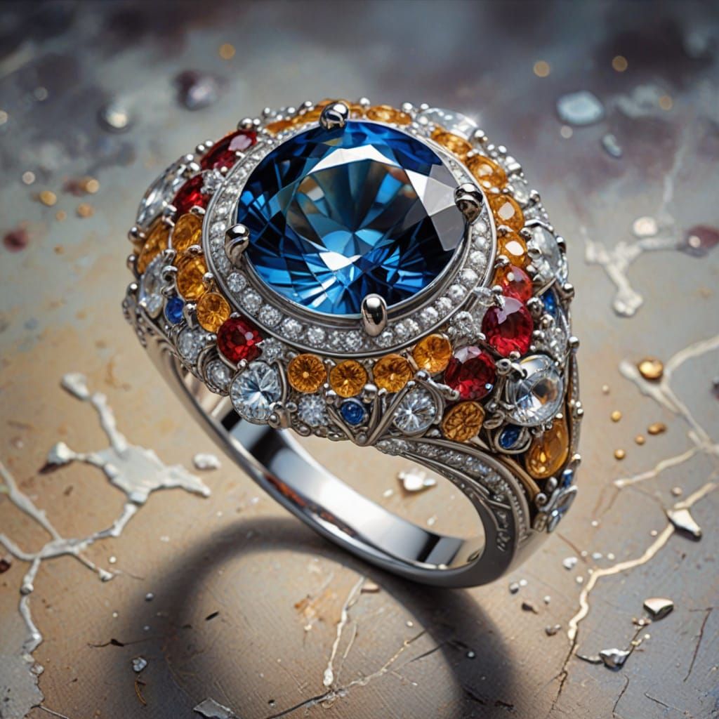 Stunning Engagement Ring with Gems, Oil Painting