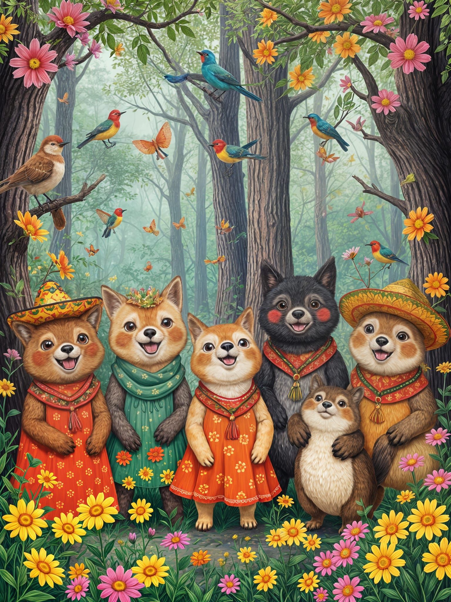 Festive Animals Celebrate Holiday in Floral Forest
