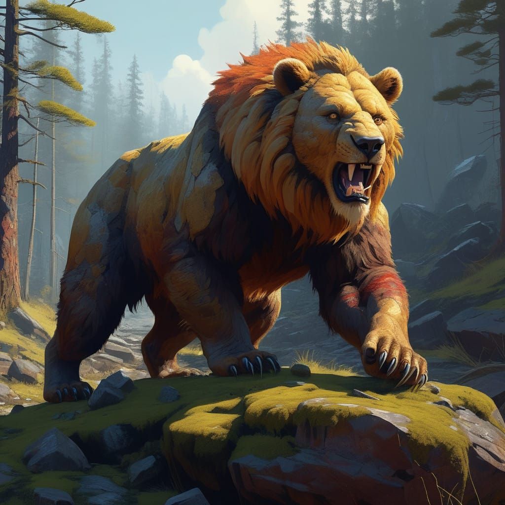 Hyperrealistic Bear-Lion Hybrid in Dramatic Lighting