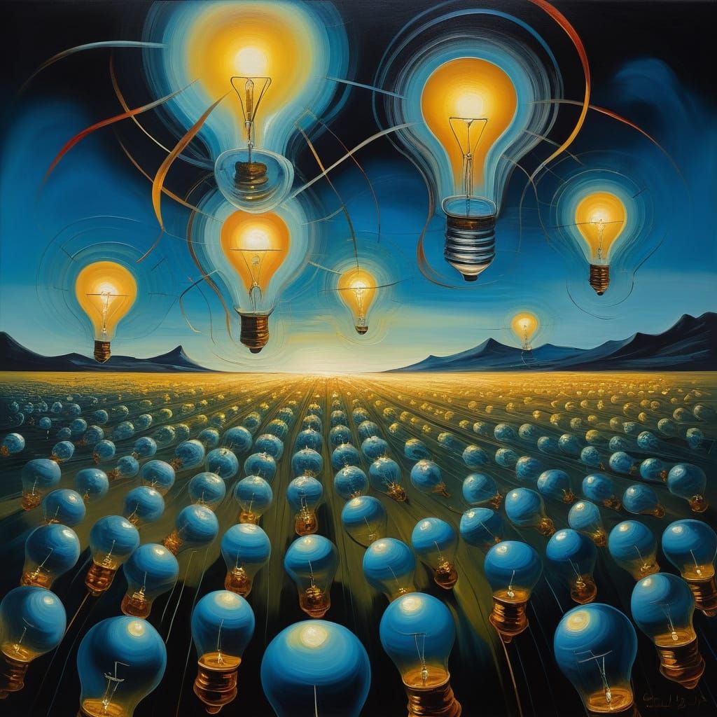 Surrealistic Field of Glowing Bulbs in a Dark Landscape