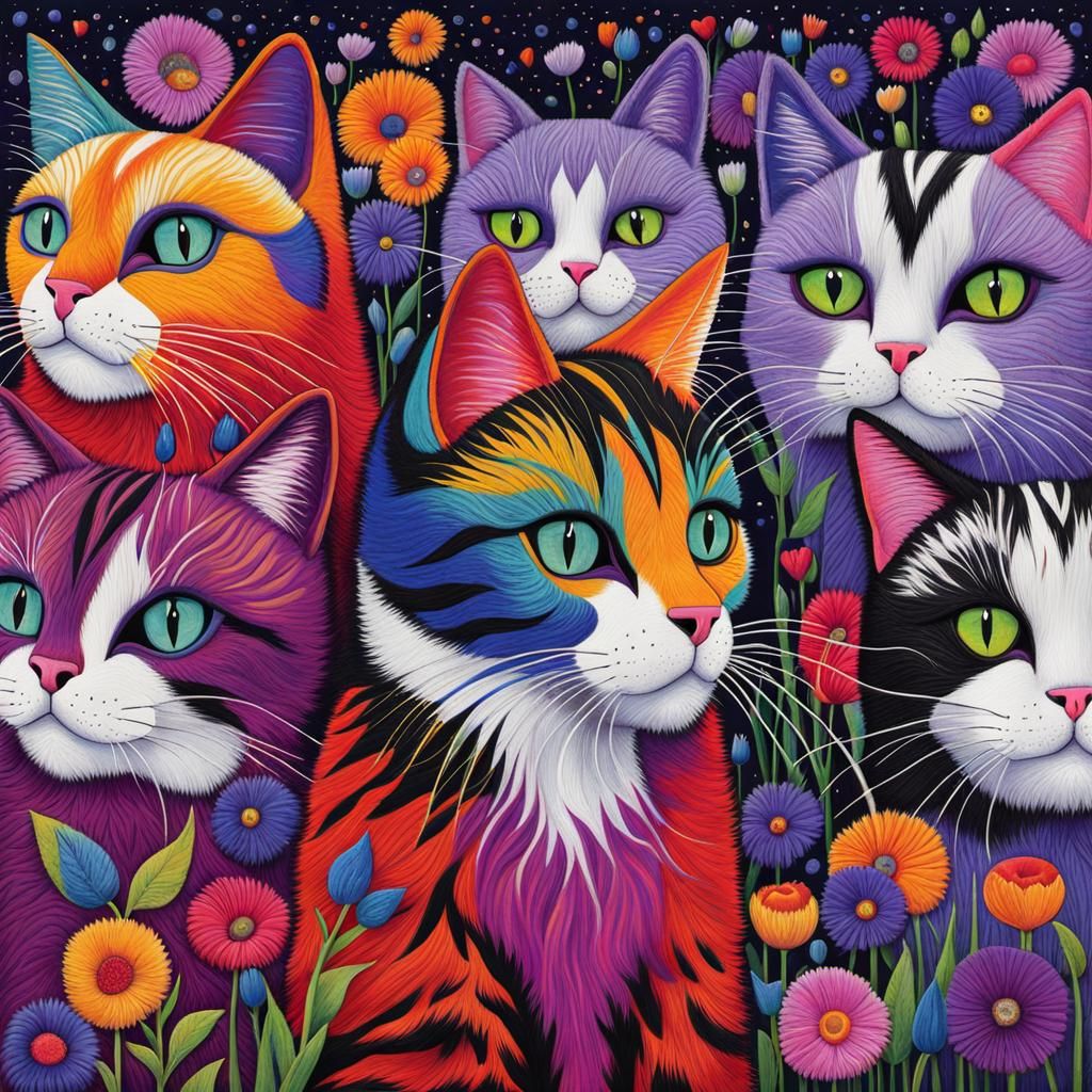 Psychedelic Fur Cats in Rows, Vibrant Art
