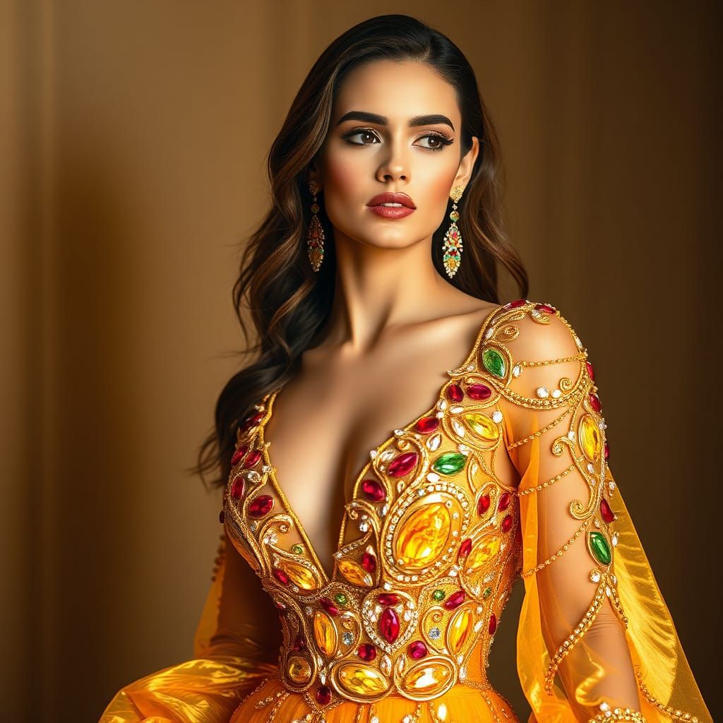 Luminescent Woman in Diamond and Ruby Dress