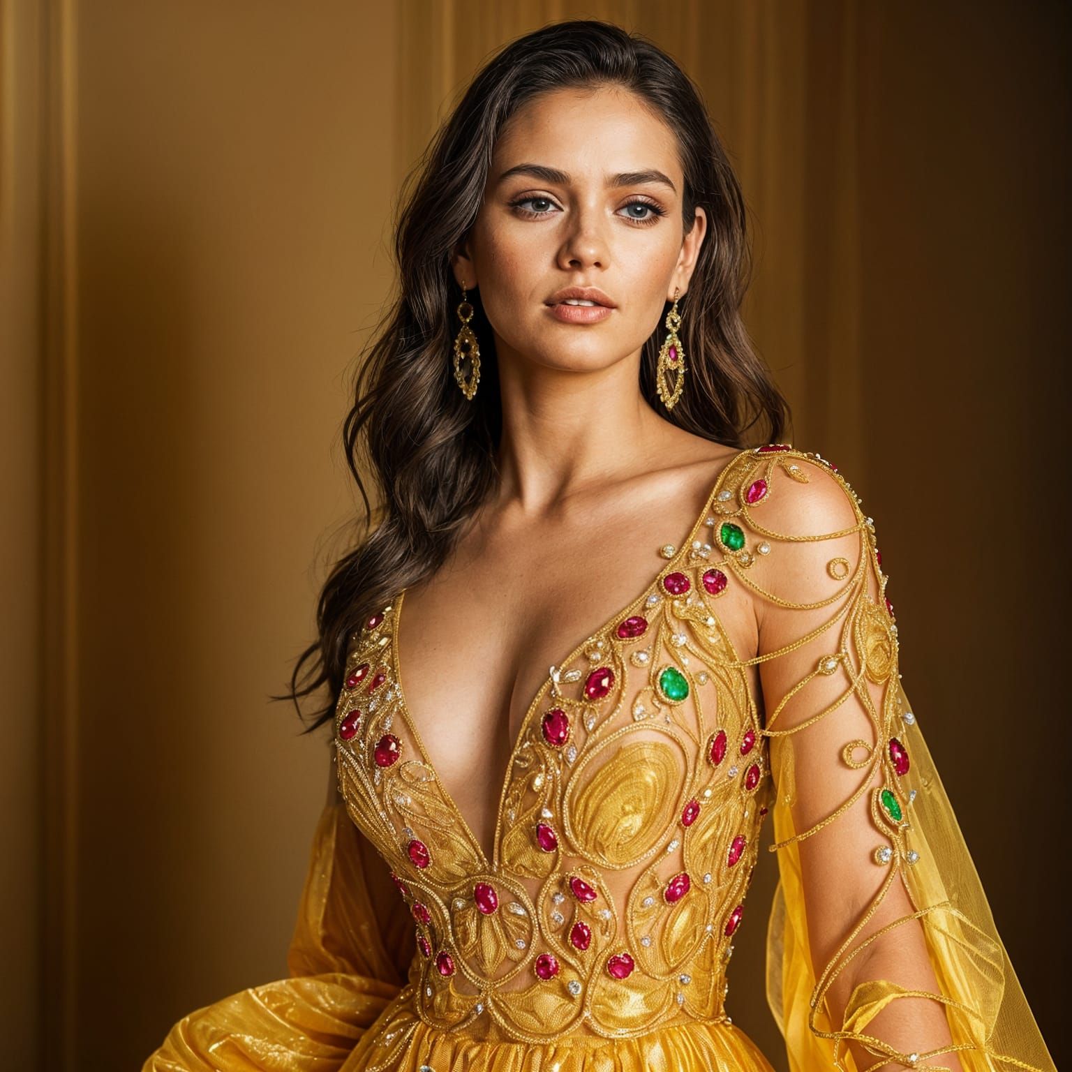 Luminous Woman in Jeweled Golden Dress