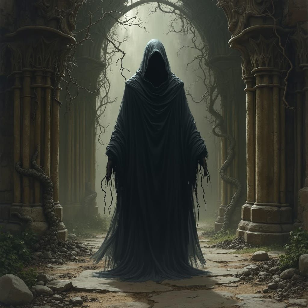 Malevolent Figure Emerges from Dark Shadows in Gothic Cathed...