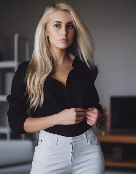 Blonde Woman in Black Shirt Waiting at Home