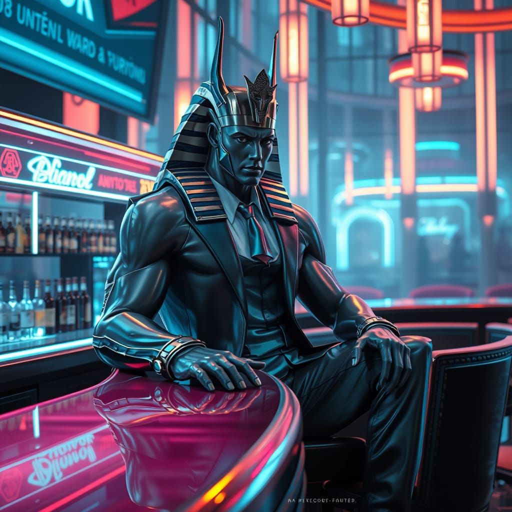 Egyptian God in Cyberpunk Bar, Hyperrealistic Art