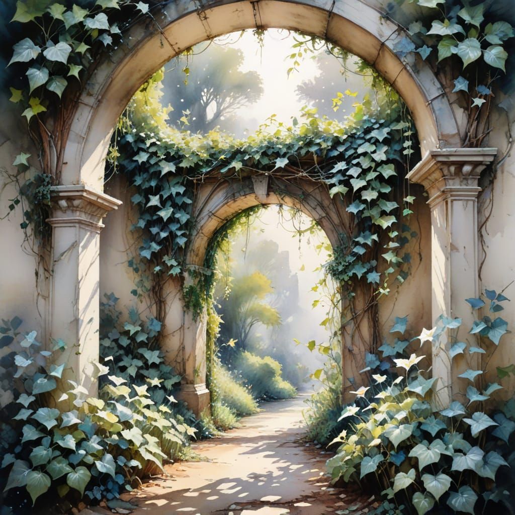 Moonlit Garden Archway in Dreamy Watercolour