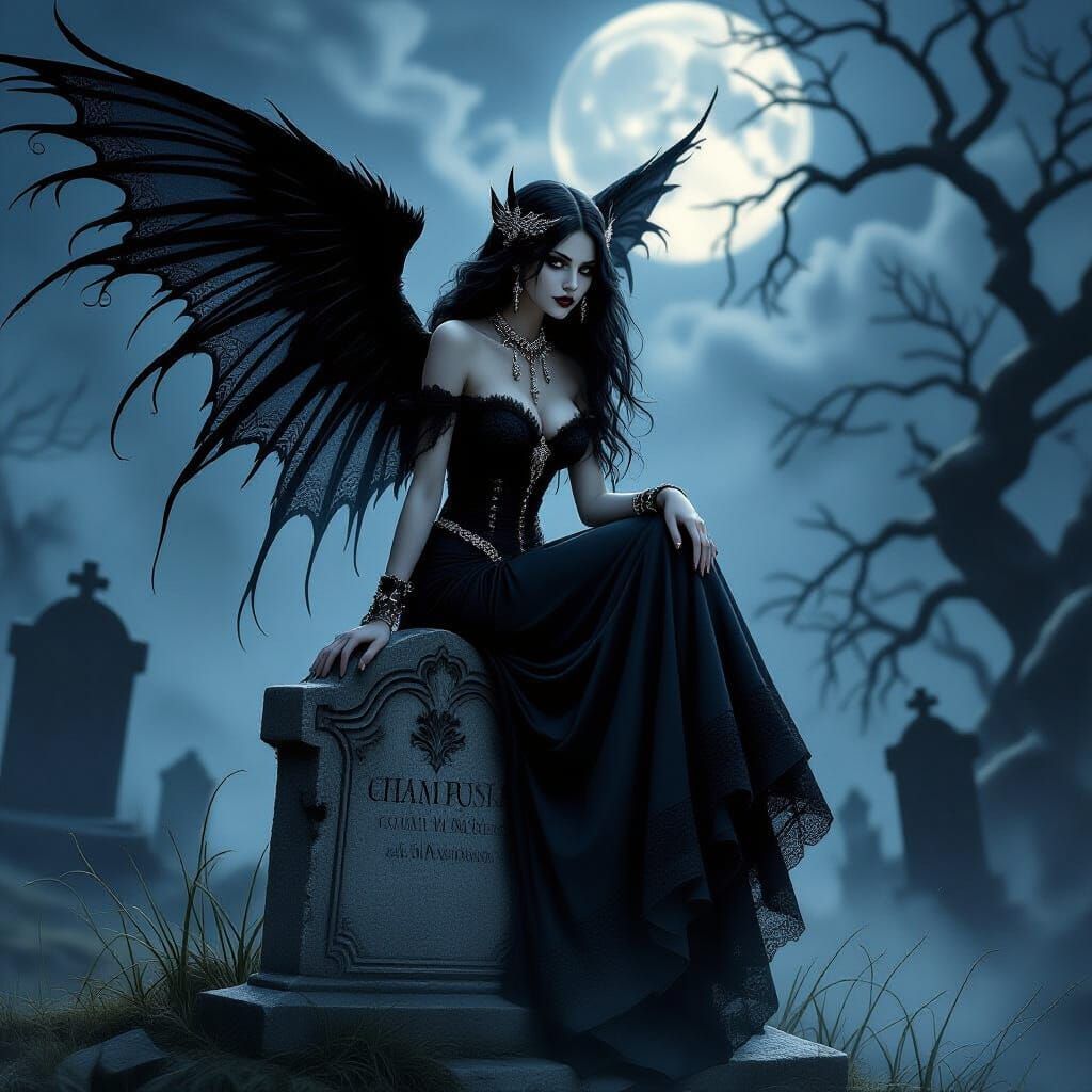 Gothic Fairy in Graveyard with Black Wings