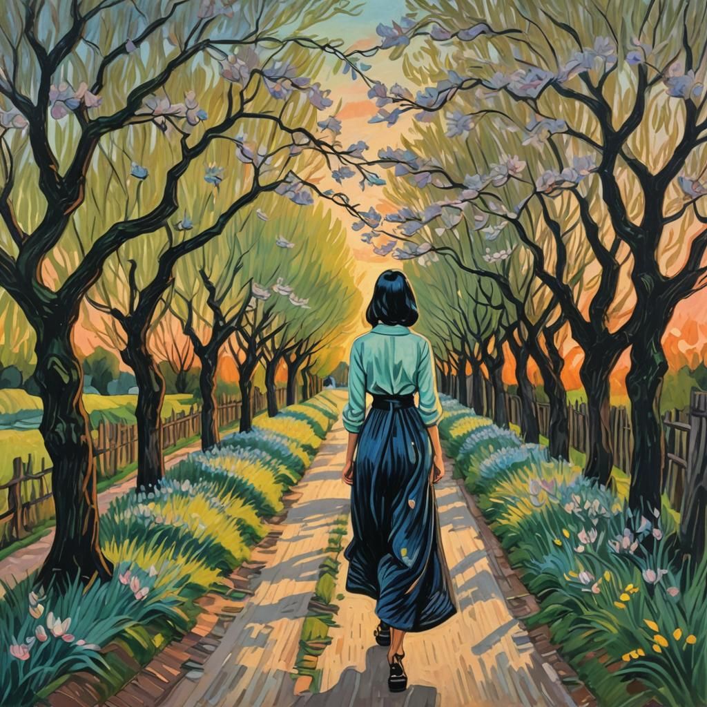 Woman Walks Country Lane: Van Gogh Impressionism