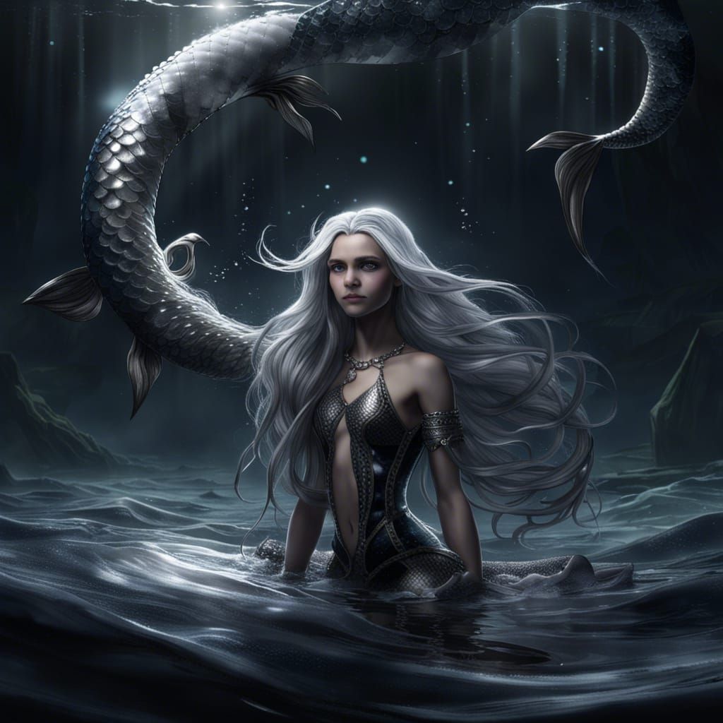 Silver-Tailed Mermaid in Dark Fantasy Ocean